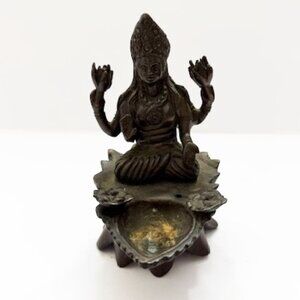 Vintage Solid Brass Lakshmi Hindu Goddess Incense Burner